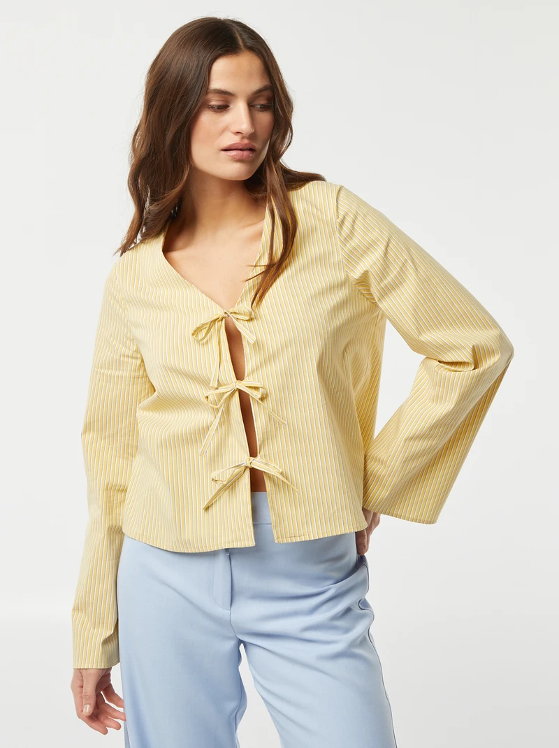 women-Striped vest blouse with ties-yellow